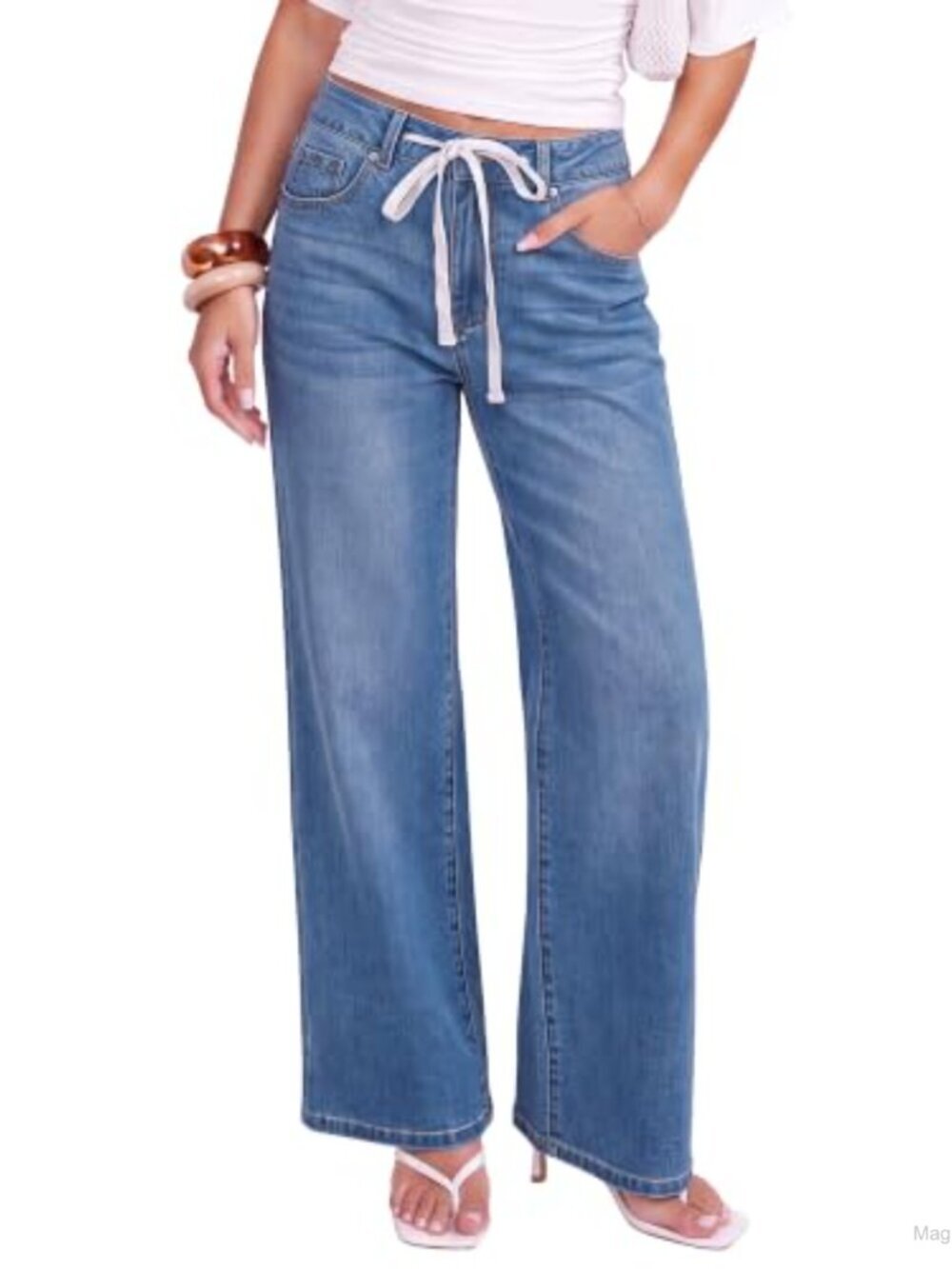 High Waisted Wide Leg Jeans Stretchy Denim Drawstring Trouser Pants Relaxed Fit